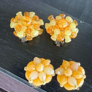 Vintage Yellow Beaded Clip on Earrings‎ 2 Pairs